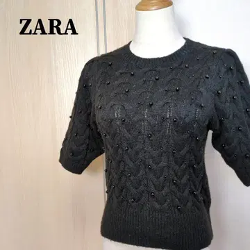 ZARA 자라 펄 장식 울 혼방 케이블 짜임 니트탑 5부 소매 블랙
