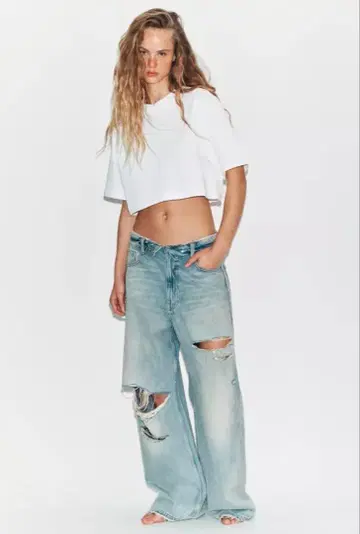 ZARA TRF 미드 라이즈 접이식 허리 데님 팬츠 34