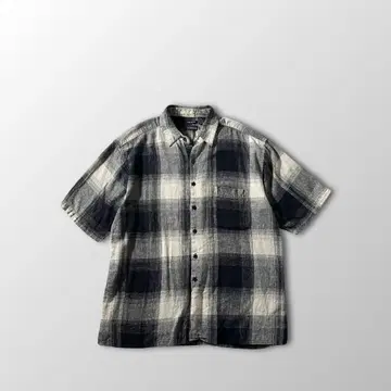 옴브레 섀도우 체크 구제 의류 린넨 레이온 반팔 셔츠 L 블랙 체크