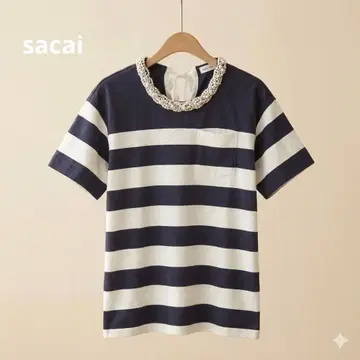 sacai luck (사카이 럭) 펄 장식 보더 코튼 T셔츠 M
