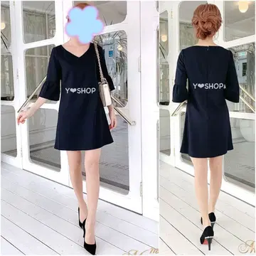 미셸 마카롱 플레어 슬리브 원피스 7부 소매 XS 네이비 V넥