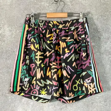 adidas 하프 팬츠 블랙 올 패턴 컬러풀 로고 피트니스