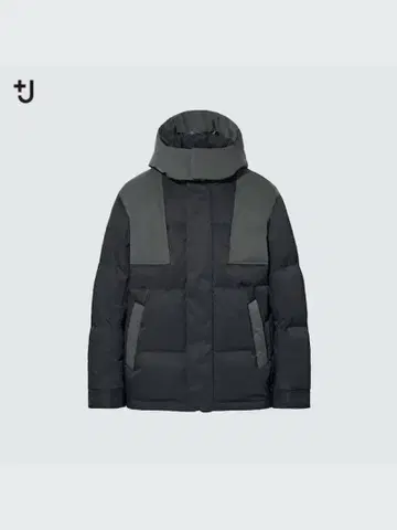 유니클로 +J 다크 그레이 후드 부착 다운 자켓