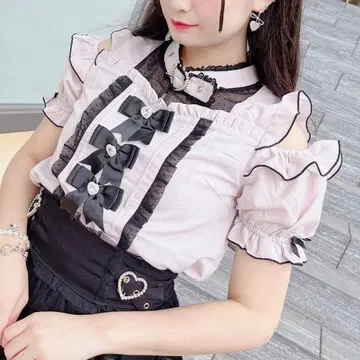LIZLISA 블라우스 3개 리본 초커 블라우스 핑크