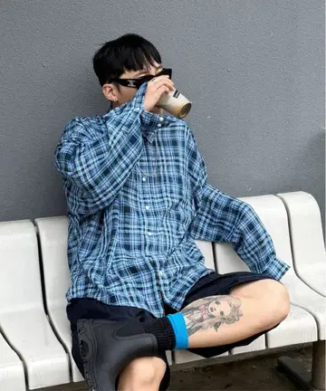 DNSR 오버사이즈 체크 셔츠 블루