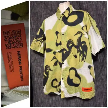 정가 88000엔 HERON PRESTON 올 패턴 셔츠 그린 럭셔리