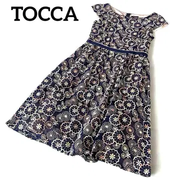TOCCA 꽃무늬 자수 반팔 무릎 기장 원피스 네이비