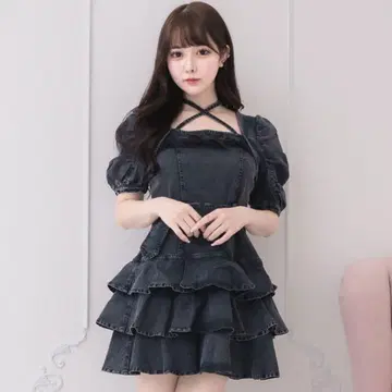pium 피윰 티어드 프릴 미니 원피스 블랙 데님