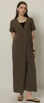 CADUNE 올인원 반팔 잡지 게재 카키 36 와이드 팬츠 실루엣 브라운