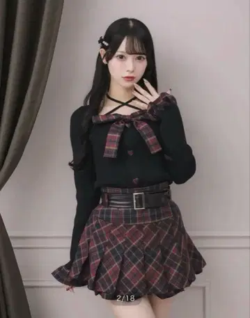 pium 체크 레이어드 리본 니트탑 블랙