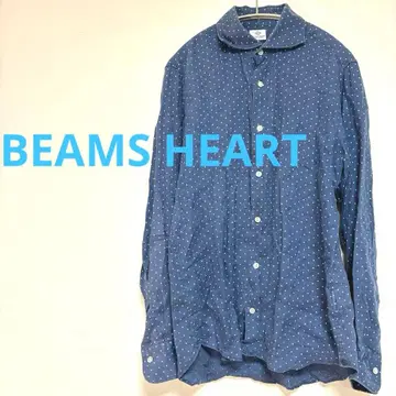 빔즈 하트 BEAMS HEART 네이비 도트 무늬 셔츠 린넨 100%