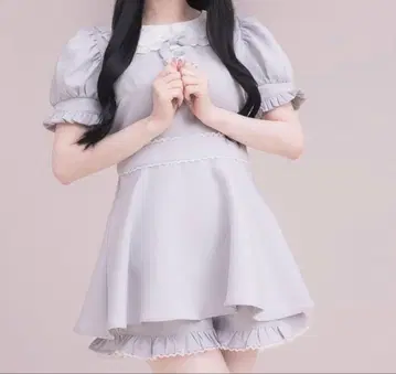 pium 라운드 카라 리본 도리 셋업 블루 그레이