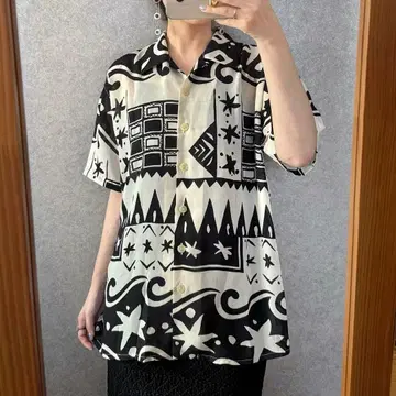 빈티지 레트로 구제 의류 에스닉 올 패턴 셔츠 시어 반팔 화이트 x 블랙