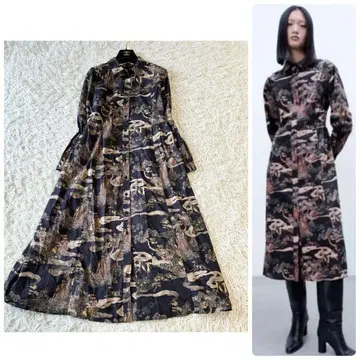 ZARA 자라 일본풍 패턴 셔츠 원피스 일본화 롱 올 패턴 M