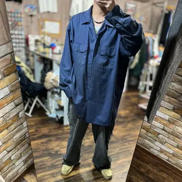 Dickies 네이비 긴팔 셔츠 3XL 구제 의류 워크 셔츠 오버 사이즈