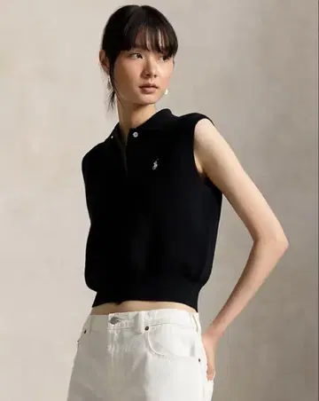 코튼 크롭 슬리브리스 폴로 스웨터 블랙 S