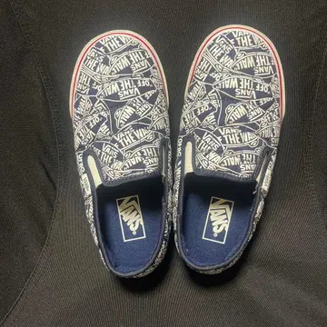 VANS 슬립온 25cm 네이비/화이트 로고 프린트