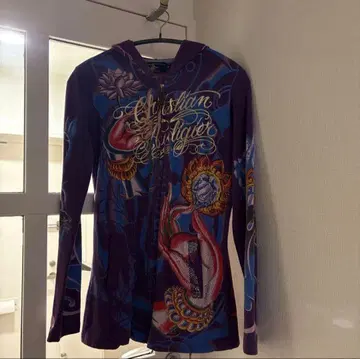 Christian Audigier 보라색 후드 부착 후드티 M