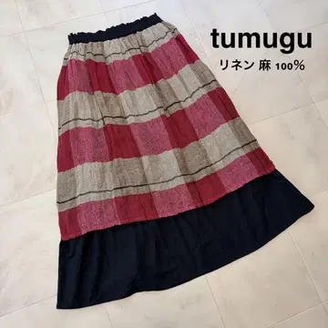 tumugu 린넨 100% 체크 스커트