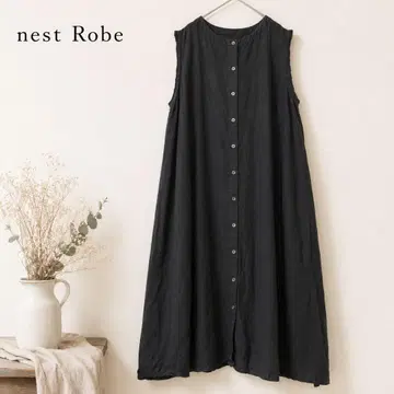 nest Robe 린넨 100% 슬리브리스 셔츠 원피스 블랙 일본제
