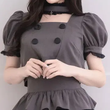 pium 레이스 프릴 크로스 초커 상의 차콜