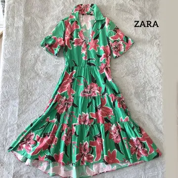 ZARA 롱 원피스 S 리조트 룩 반팔 티어드 그린