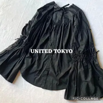 유나이티드 도쿄 노카라 블랙 개더 보타이 블라우스