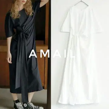 택 포함 새상품 AMAIL 아마일 허리 리본 롱 원피스 화이트 5부 소매