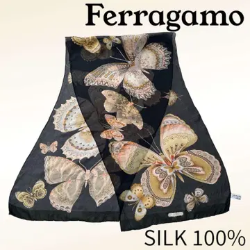 페라가모 Ferragamo 실크100% 스카프 나비 패턴 블랙 직사각형