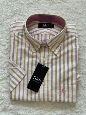 [ 새상품 ] POLO 반팔 셔츠 스트라이프 버튼 다운 핑크 계열 L