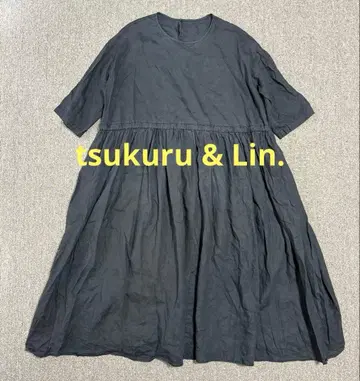 tsukuru & Lin. 블랙 린넨 개더 롱 원피스