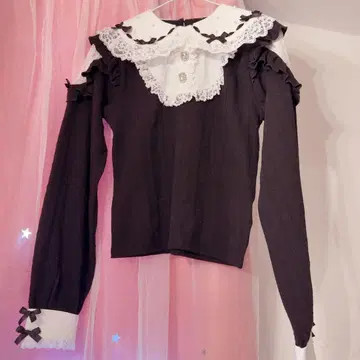 노에미 아가씨 리본 펄 프릴 요크 티셔츠