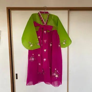 짧은 기장 한복 그린과 핑크 자수 장식 속치마 포함