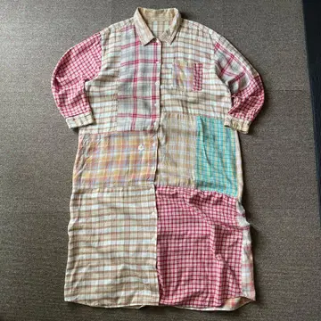 패치워크 체크 셔츠 원피스 롱 기장 꽃무늬 자수 루즈핏