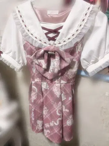 LIZLISA 리즈리사 sewing bear 패턴 셋업 반팔 레드