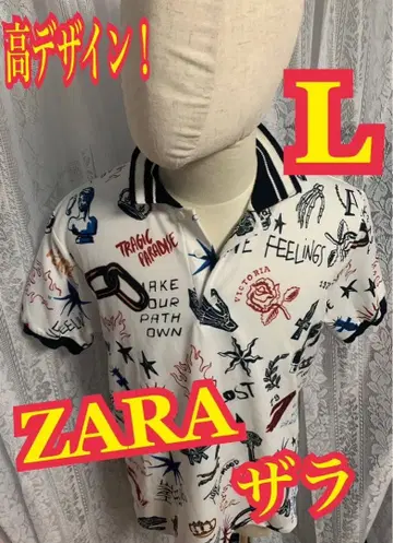 ZARA 자라 반팔 피케 셔츠 올 패턴 화이트 L 사이즈