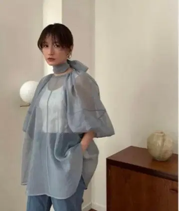 클레인 사이즈 1 벌룬 시어 퍼프 슬리브 블라우스 블루