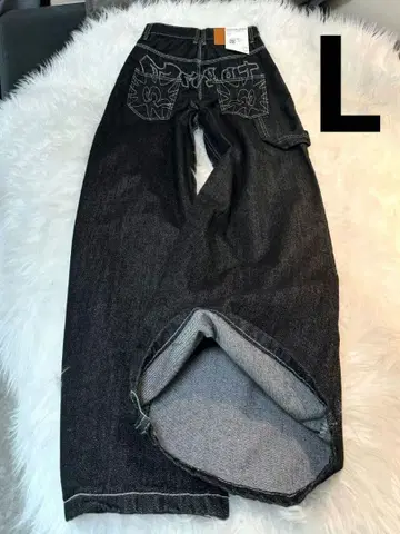 배기 데님 자수 와이드 청바지 데님 Y2K풍 초와이드 블랙 L