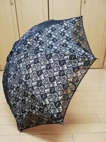 미사용 택 포함 브론즈 2중 레이스 접이식 양산 블랙 꽃 패턴입니다