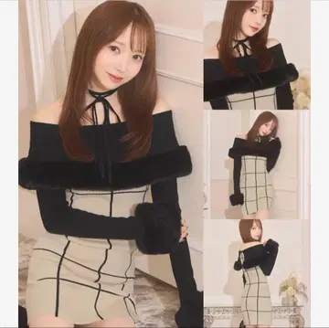 미셸 마카롱 페더 오프숄더 체크 원피스