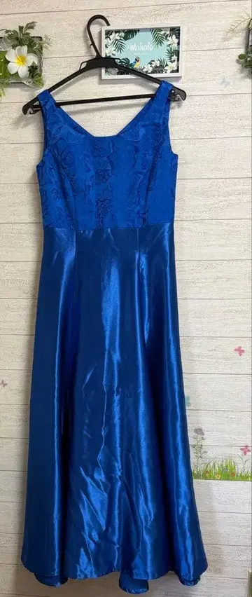훌라 댄스 파란 새틴 롱 드레스