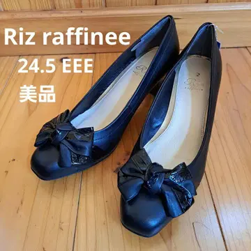 [새상품급] Riz 라피네 가죽 펌프스 리본 달린 스퀘어토 와이드 블랙