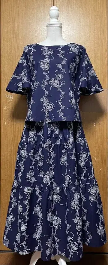 유카타 옷감 리메이크 목화 셋업 플레어 소매 상의 & 캉캉 스커트