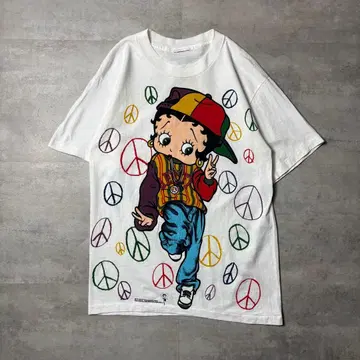 90s USA제 BETTYBOOP 피스 마크 양면 프린트 T셔츠