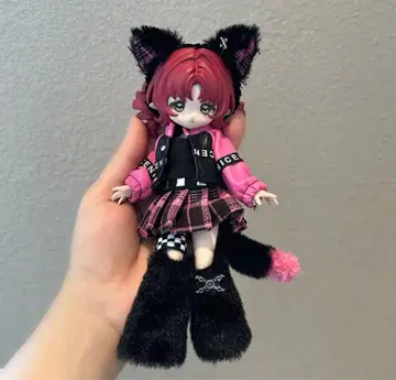 지뢰계 고양이 귀 인형 의류 세트 12분 대응 핑크 x 블랙 펑크