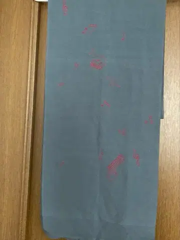 순수 실크, 오비 장식 천, 음표 패턴, 탁한 청회색