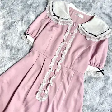 DearMyLove 무릎 기장 메이드 원피스 프릴 플레어 리본 옷깃 핑크