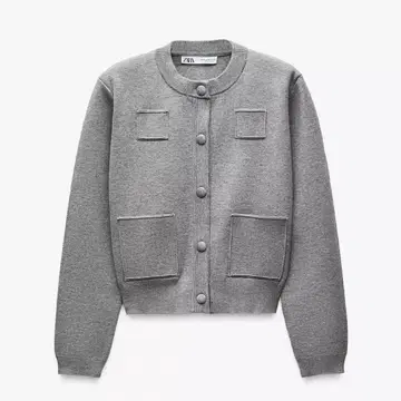 ZARA 플레인 니트 자켓 패디드 숄더 가디건 그레이