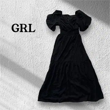 GRL 블랙 원피스 롱 기장 퍼프 슬리브 셔링 프리 사이즈