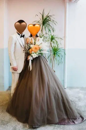 웨딩 드레스 브라운 컬러 드레스 파니에 포함 드레스 보관용 백 포함